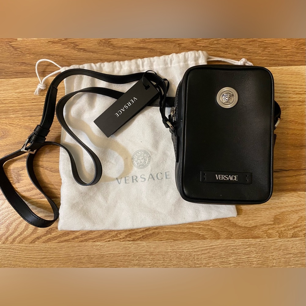 Versace Black Leather Phone Case Crossbody with Silver Medallion NWT